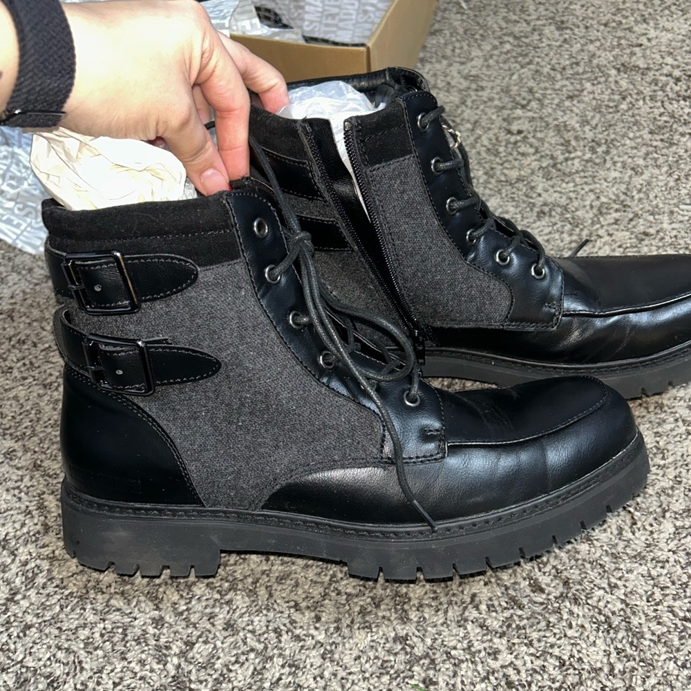 Steve Madden Black and Gray Buckle Lace-Up Boots